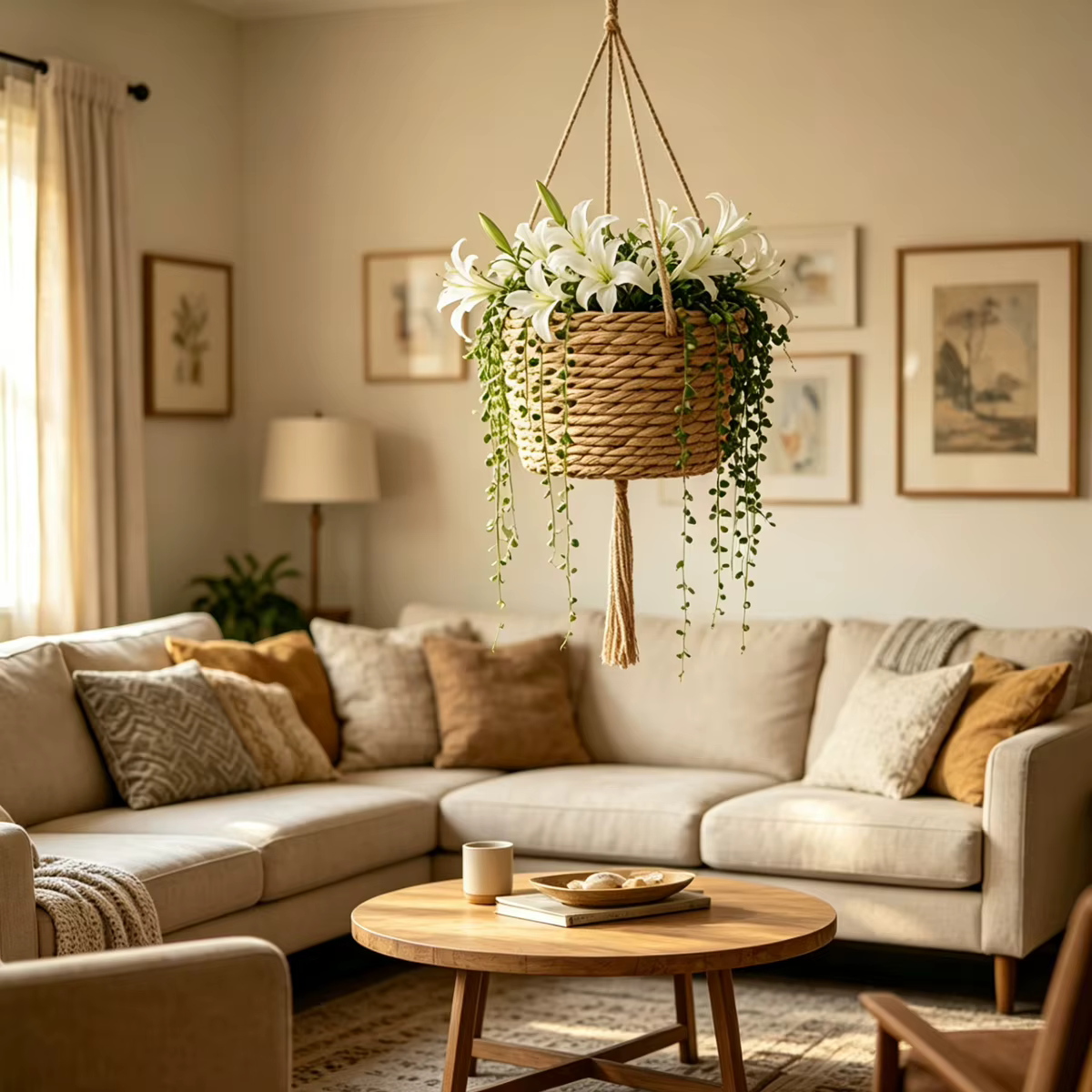 Pot de fleurs suspendu en paille pour balcon