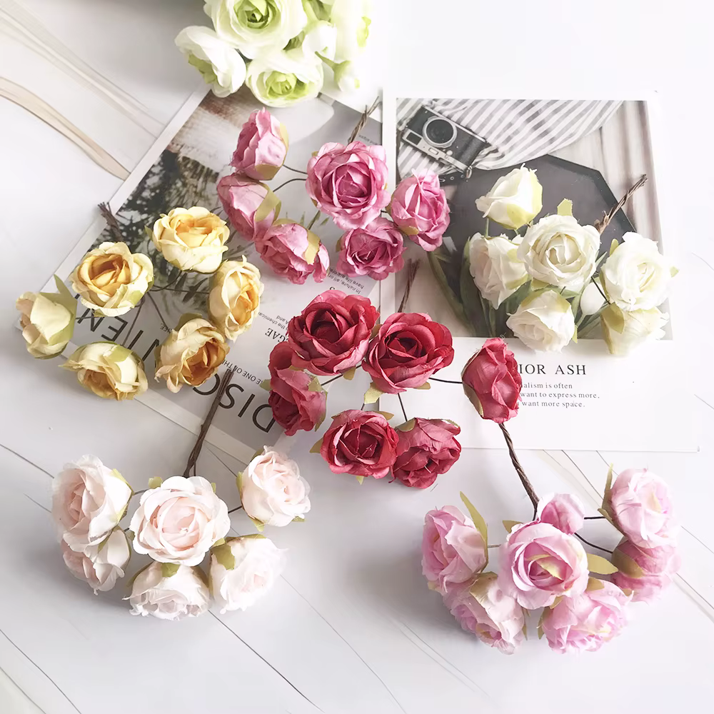 Bouquet de 6 petites roses artificielles rétro en rayonne de style européen pour mariage