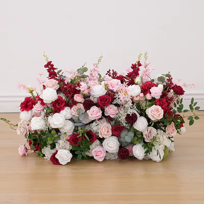 A8889 Haricots bordeaux ​ Décor de rangée de fleurs vertes roses