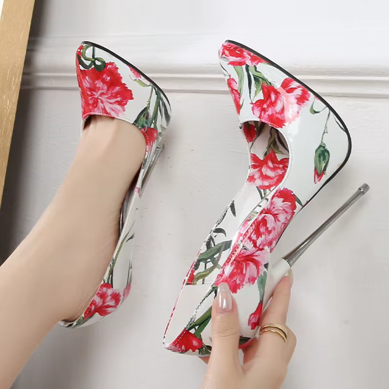Chaussures à talons hauts en métal à fleurs roses pour femmes, escarpins à bout pointu pour boîte de nuit, fête, pub, banquet, podium, travestissement, literie