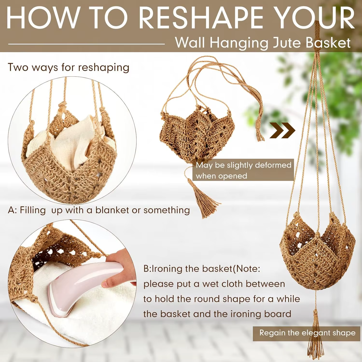 Support de plante en macramé long en jute pour pots de 3 à 12 pouces avec crochets en forme de S pour la décoration de la maison (marron)