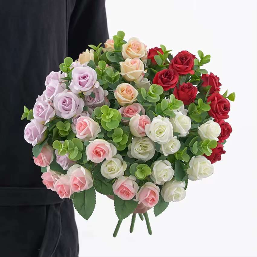 Fleurs artificielles Vase Décoration De La Maison En Plein Air Jardin Festival Eucalyptus Feuilles Fausses Plantes Fête De Mariage Soie Roses Bouquet