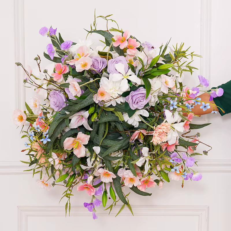 H8742 Lilas rose blanc avec rangée de fleurs vertes plancher de mariage Arrangement Floral maison cheminée décor tenture murale couronne guirlande