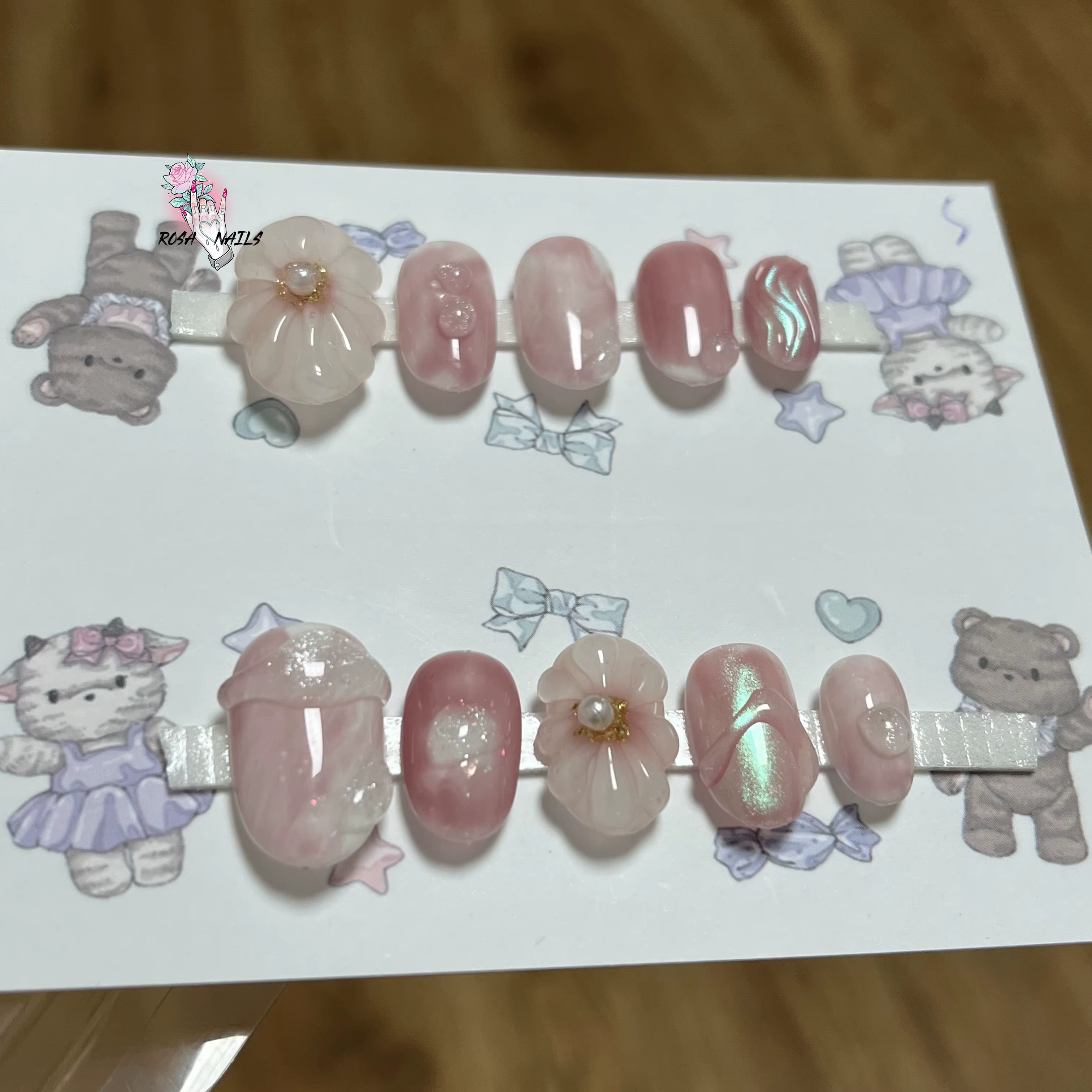 Faux Ongles Courts Roses, Vente en Gros, Ongles Artificiels, Amande, 3D, Conception Florale, Pointes Artistiques, Presse Faite à la Main, N64.