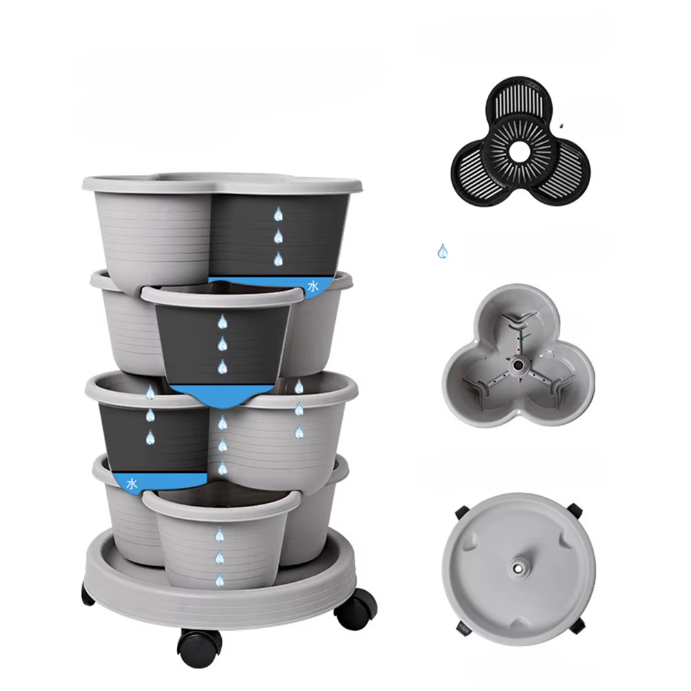Nouveau pot de fleurs vertical empilable en plastique avec roulettes mobiles