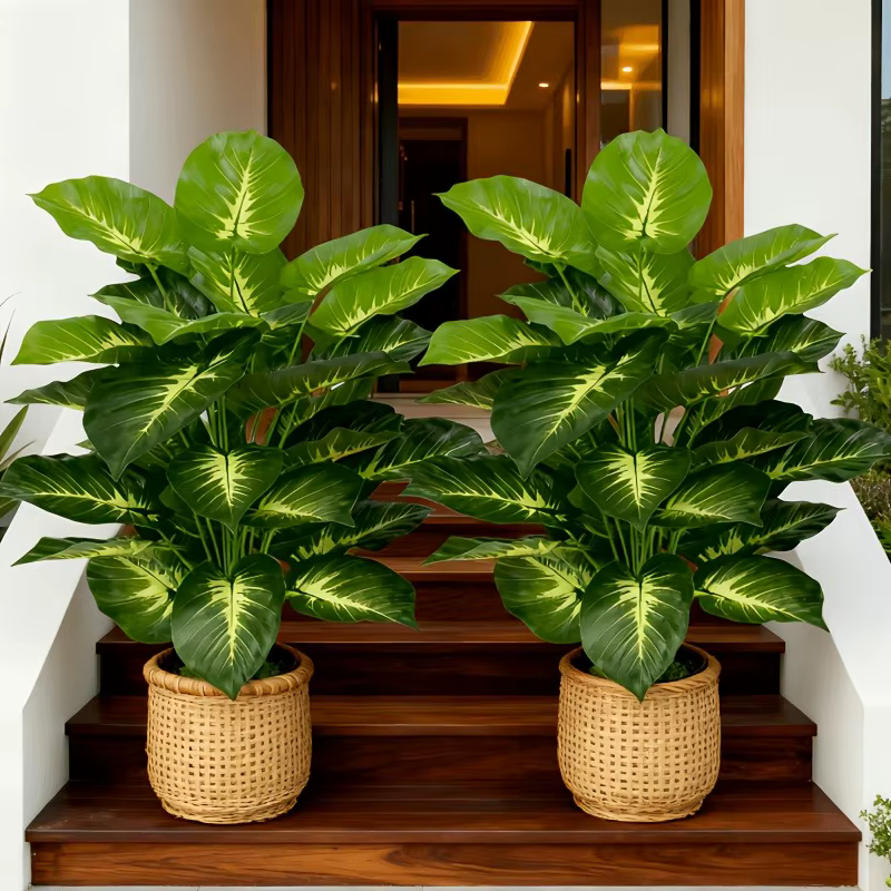 2 Grands Palmiers Artificiels Dieffenbachia à Feuilles Jaunes Réalistes