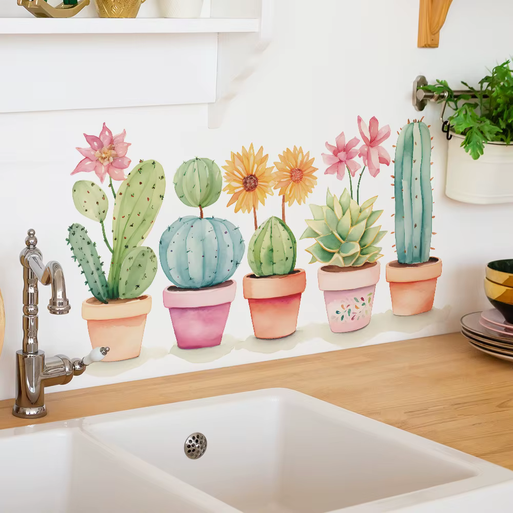 1 pièces dessin animé plante verte Cactus maison chambre salon fond décoration embellir pâte murale auto-adhésive