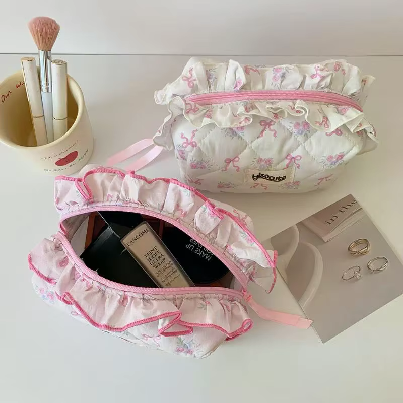 Sac de maquillage en coton matelassé avec nœud et fleur, trousse de toilette portable pour femmes et filles, organisateur de cosmétiques à fermeture éclair, sac à main en tissu