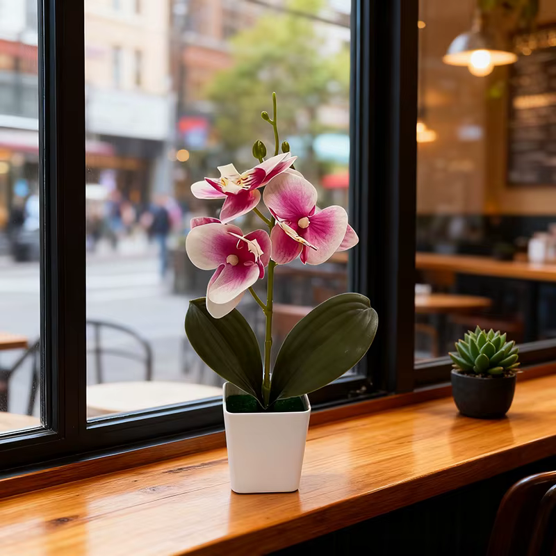 Nouvelle Décoration Florale Artificielle en Pot de Céramique avec Trois Orchidées Papillon pour Café