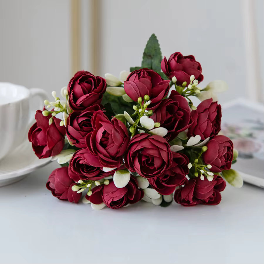Fleurs artificielles Soie Rose Petit Thé Bourgeon De Mariage Couronne Photo Graphique Fond Maison Chambre En Plein Air Cour VaseFestival Décor