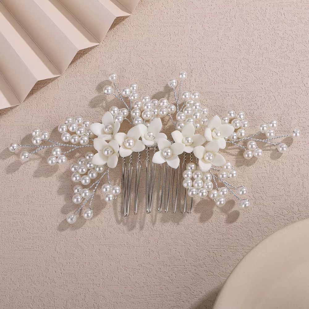 Peigne à cheveux fleur perlée pour femme, fait à la main, argent, accessoires de cheveux de mariage, pièce de sauna bidal floral doré, bijoux de fête de mariée