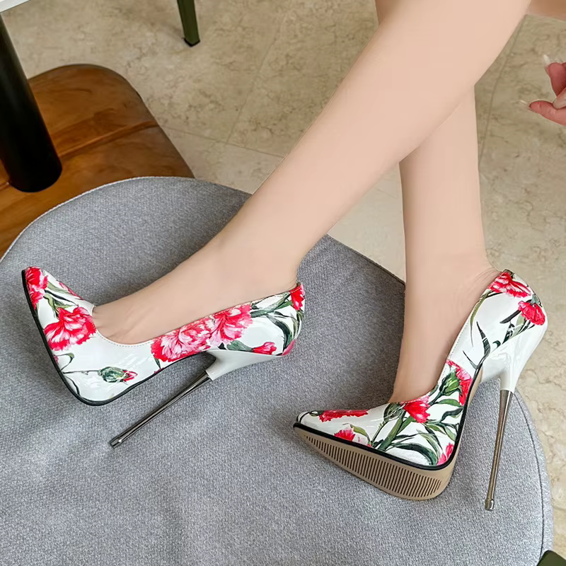Chaussures à talons hauts en métal à fleurs roses pour femmes, escarpins à bout pointu pour boîte de nuit, fête, pub, banquet, podium, travestissement, literie
