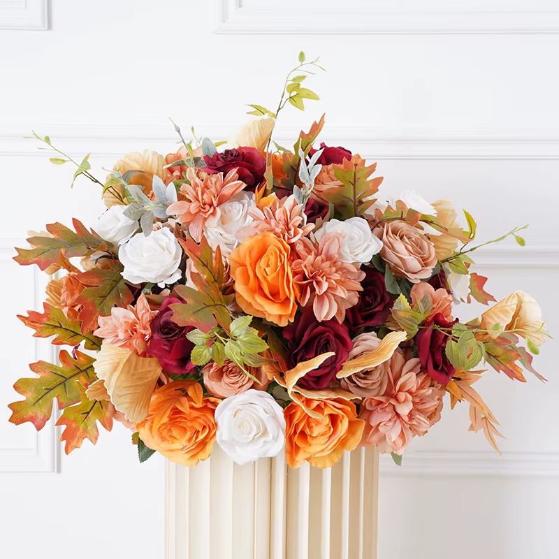 Automne Orange Rose Dahlia feuilles d'érable Arrangement de rangées florales toile de fond de mariage cadre en arc décor fête événement scène support de fleurs