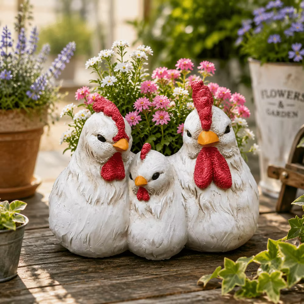Pot de fleurs décoratif en forme de famille de poulets