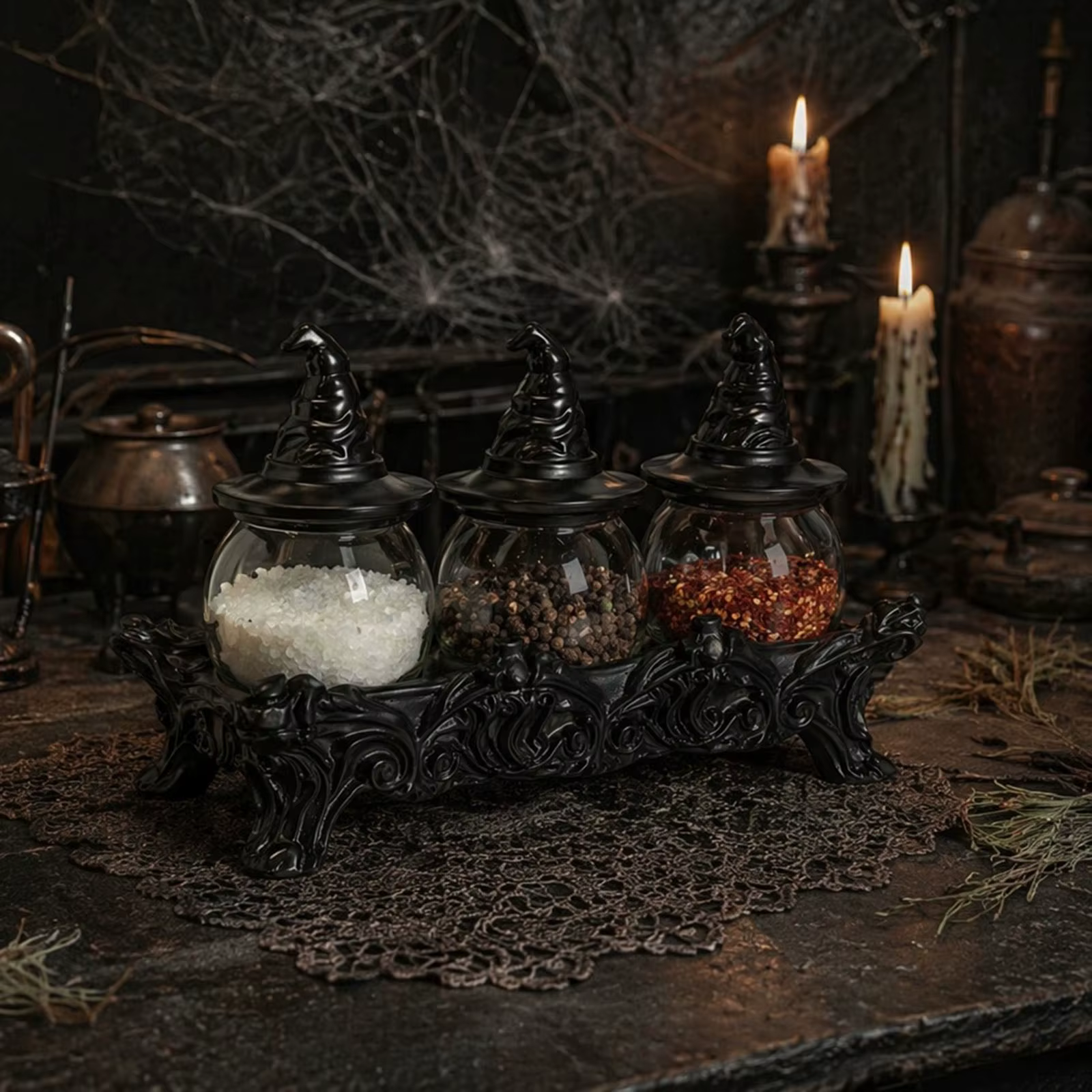 Bocaux à épices uniques avec couvercles en forme de chapeau de sorcière, décoration de cuisine Witchcore, ensemble de bocaux à épices d'apothicaire pour thé, café, noix ou sucre