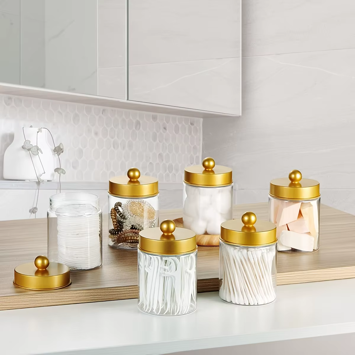Distributeur de bâtonnets de coton - Pot en plastique de 8 oz pour rangement de maquillage sur comptoir, organisateur de salle de bain