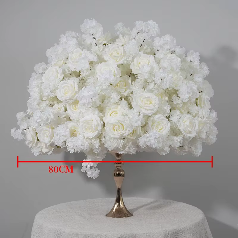 Boule de fleurs artificielles blanches de 80 cm en cerisier et roses pour décoration de table de mariage, porte-bougie, dîner de la Saint-Valentin