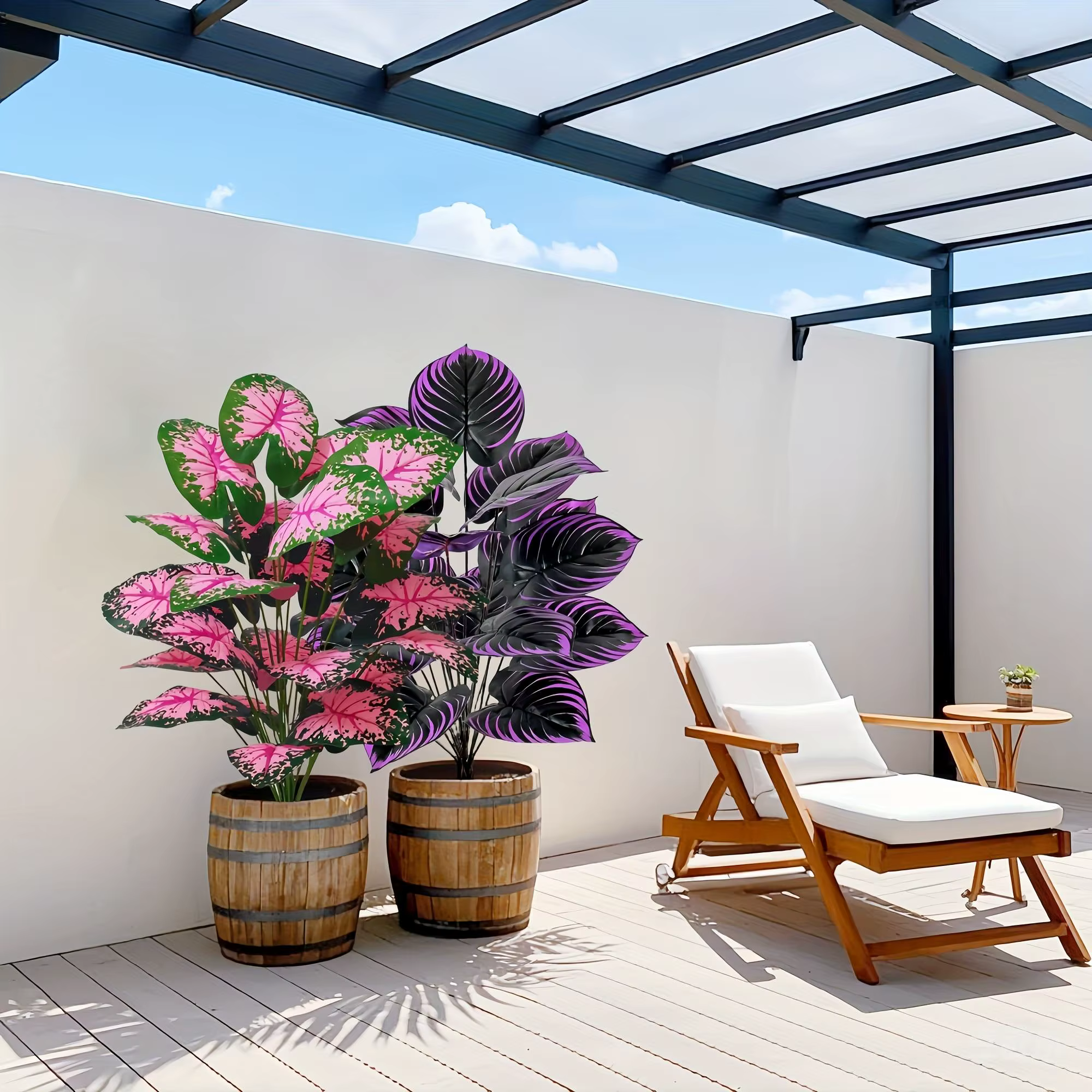 Ensemble de 2 plantes artificielles de Caladium avec feuilles roses violettes