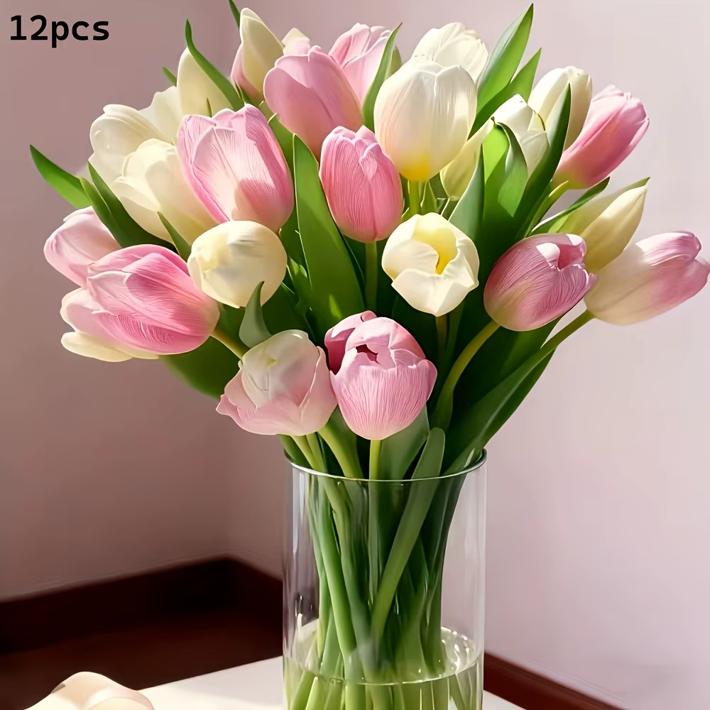 Ensemble de 12 tulipes artificielles réalistes crème et roses