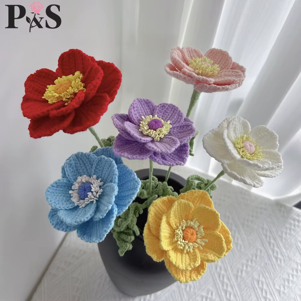 Anémone Crochet fleur fait à la main rose violet bleu tricoté