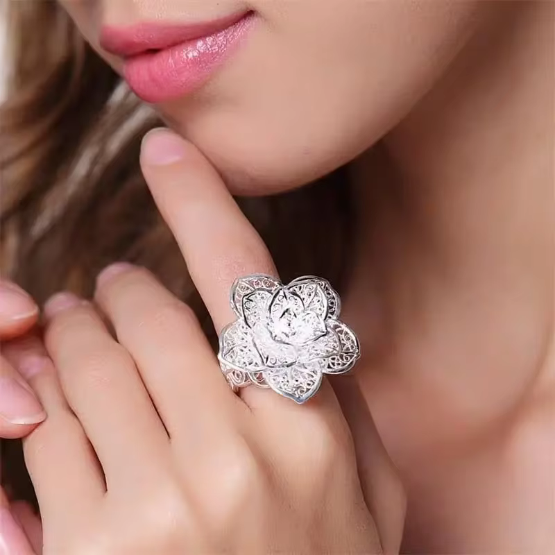 Bague en or Sterling 925 18 carats pour femmes, jolie grande fleur, à la mode, pour fête de mariage, bijoux fins, marques populaires, cadeau de vacances, tendance