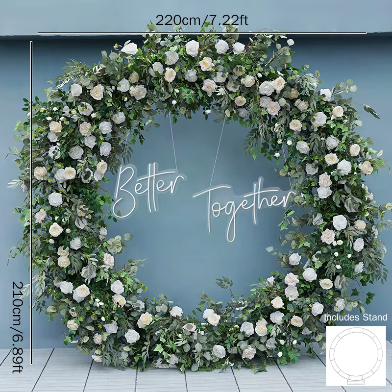 H7736 rouge blanc Rose verdure feuille d'eucalyptus fleur rangée Arrangement cadre rond mariage toile de fond décor support Floral événement accessoire
