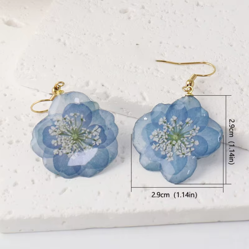 Boucles d'oreilles élégantes en fleurs séchées, faites à la main en résine époxy, bijoux uniques en fleurs naturelles, accessoires personnalisés en gros