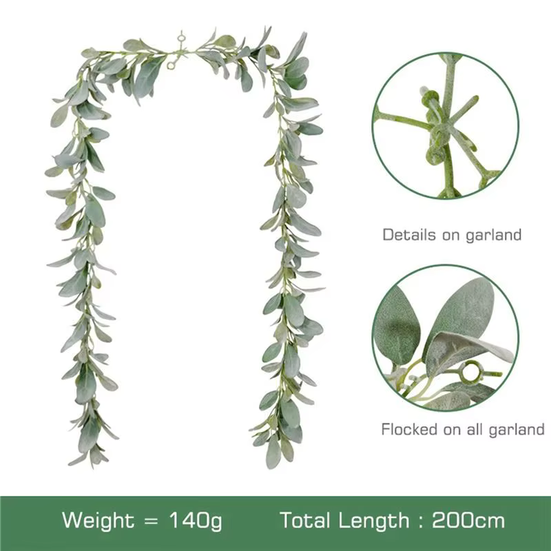 Guirlande artificielle ABKJ-5X en fausse vigne floquée effet oreilles d'agneau – 2 mètres de verdure et feuillage doux pour la décoration de cheminée de style campagnard
