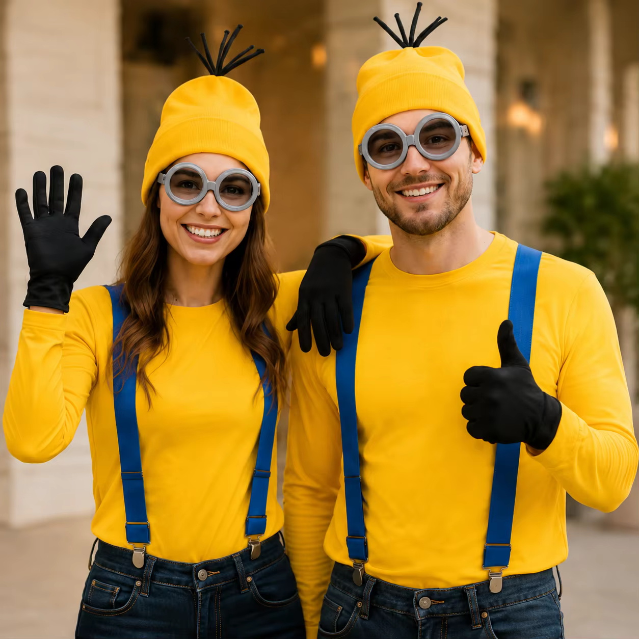 Kit d'accessoires de cosplay d'Halloween pour adultes : bonnet tricoté jaune, lunettes à monture ronde, bretelles bleues, gants noirs, boutons décoratifs pour fête