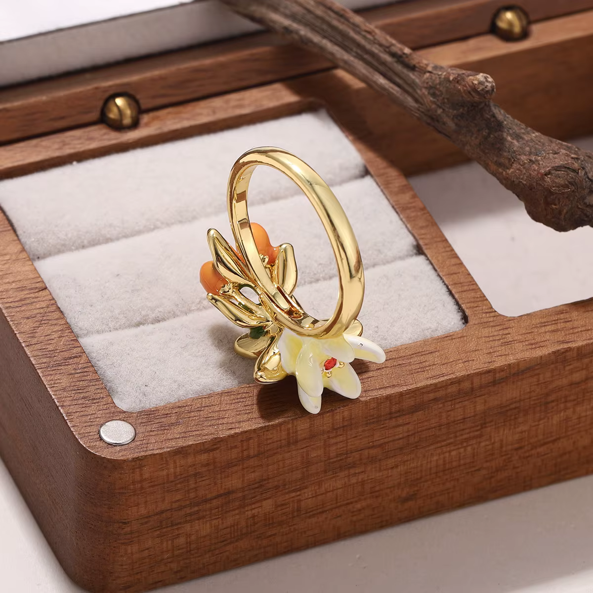 Bague Fleur de Hawthorne Émaillée Rose Plaqué Or 18K pour Femme, Bijou Vintage Tendance
