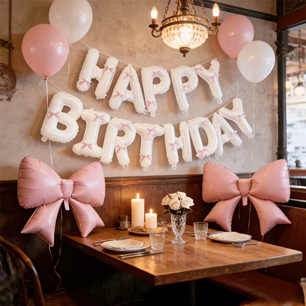 Ballon d'anniversaire rose avec nœud, ballon lettre Joyeux Anniversaire avec ruban rose pour décoration de mariage, Saint-Valentin, anniversaire, demande en mariage