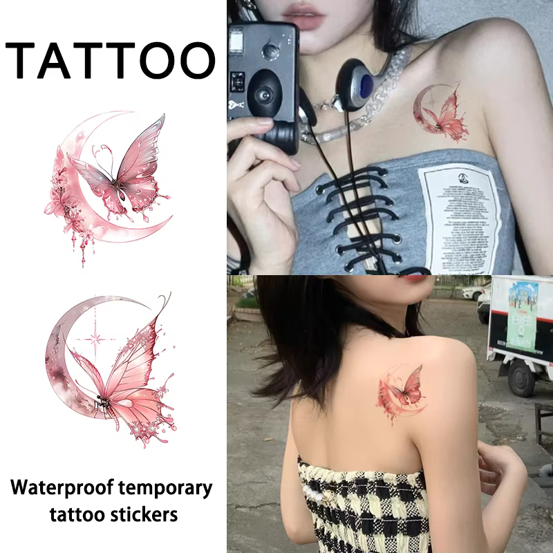 Autocollant de tatouage temporaire imperméable, motif papillon dansant avec la lune, à utiliser sur les épaules et les bras, longue durée, faux tatouage
