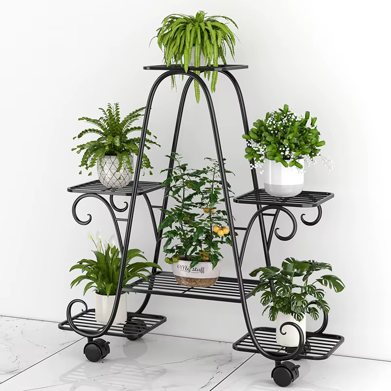 Support de fleurs en fer forgé, support de pot de fleur domestique mobile multicouche du sol au plafond