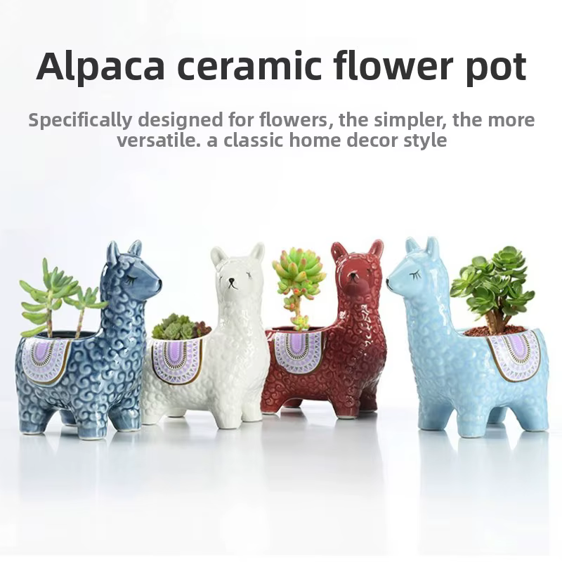Pot de fleurs en céramique en forme d'alpaga de dessin animé