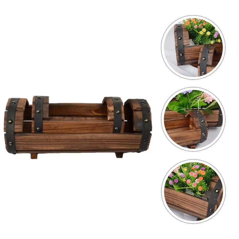 Jardinière demi-baril en bois naturel-1Pc Pot de fleur en bois rétro