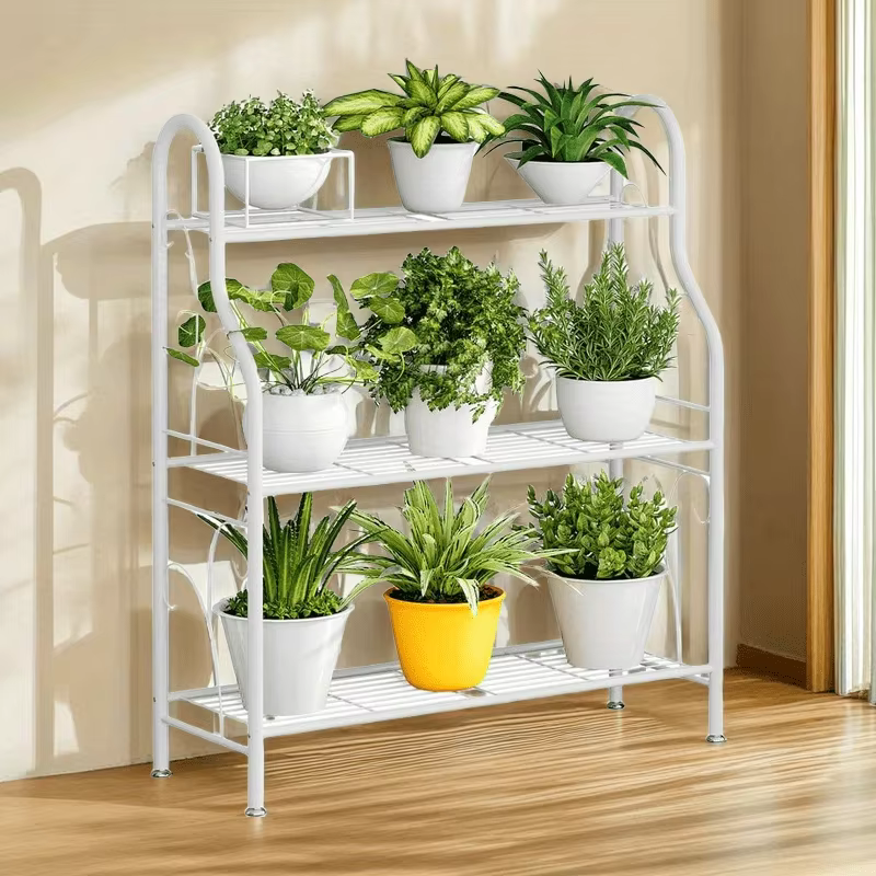 Étagère polyvalente robuste en fer forgé à 3 niveaux – Support de rangement au sol à assemblage facile pour les
