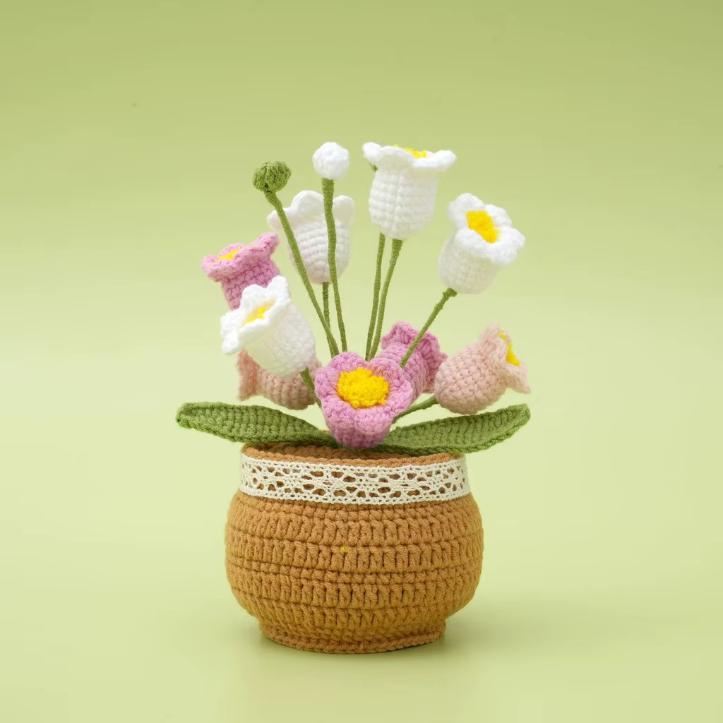 Pot de fleurs au crochet compact fait main motif tournesol pour festivals, décoration intérieure de voiture, chambre