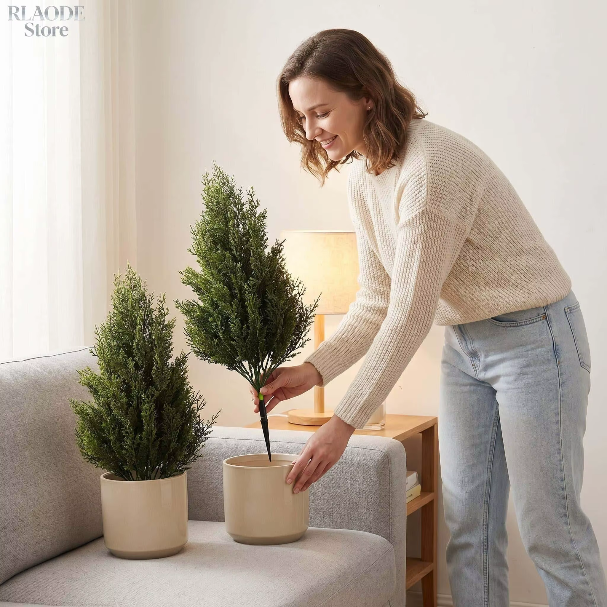 2 mini arbres artificiels en pin et cyprès de 50 cm avec piquet de fixation au sol