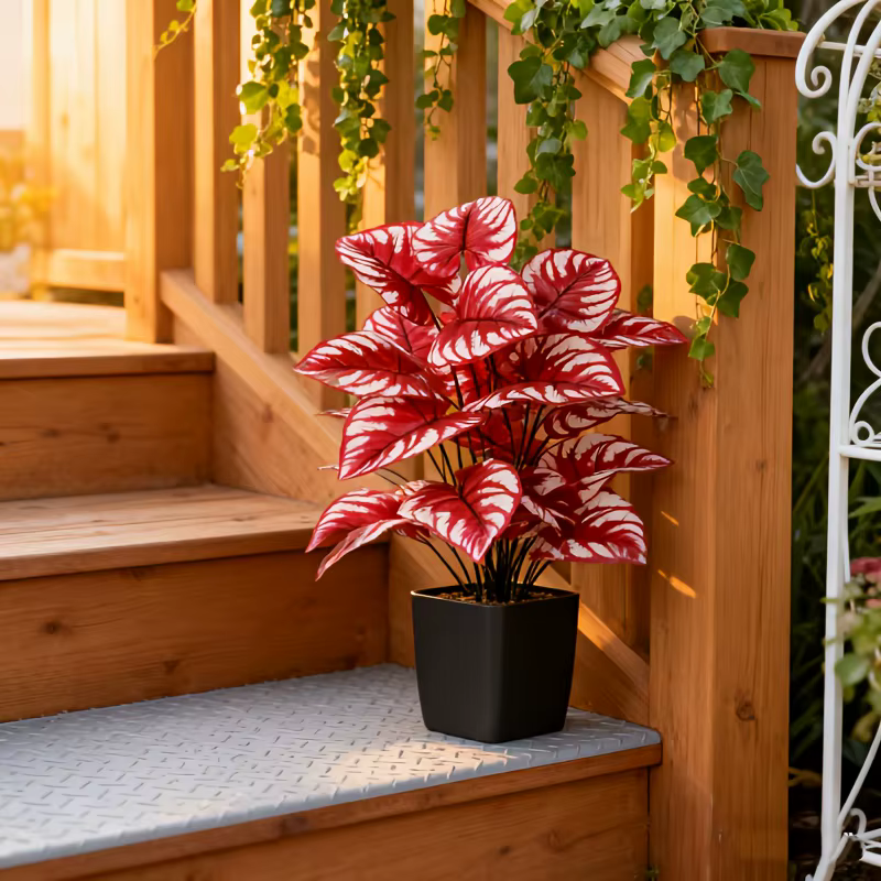 1 pièce de plante artificielle à feuilles rouges et rayures blanches pour extérieur et intérieur