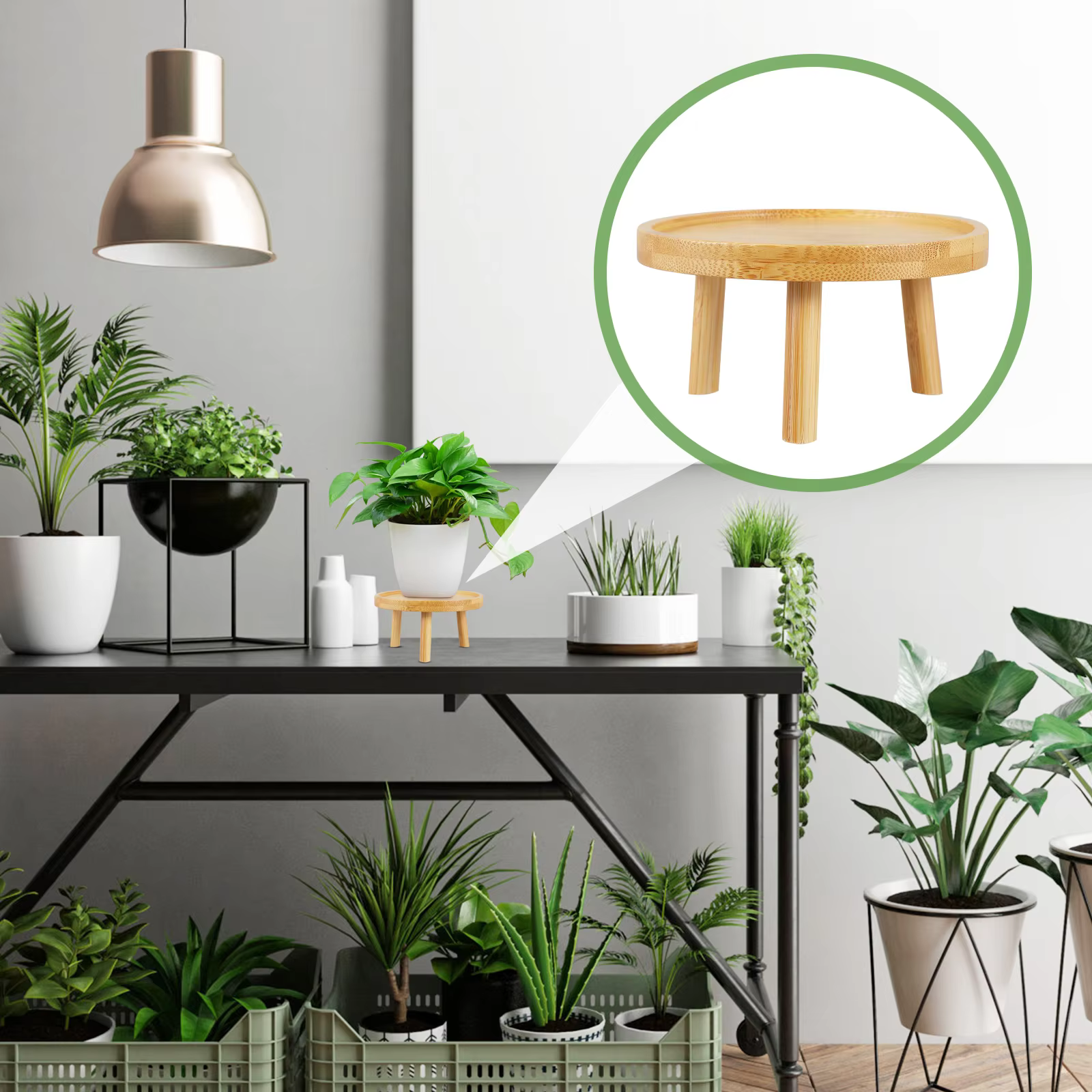 Support décoratif rond en bois massif pour pots de fleurs