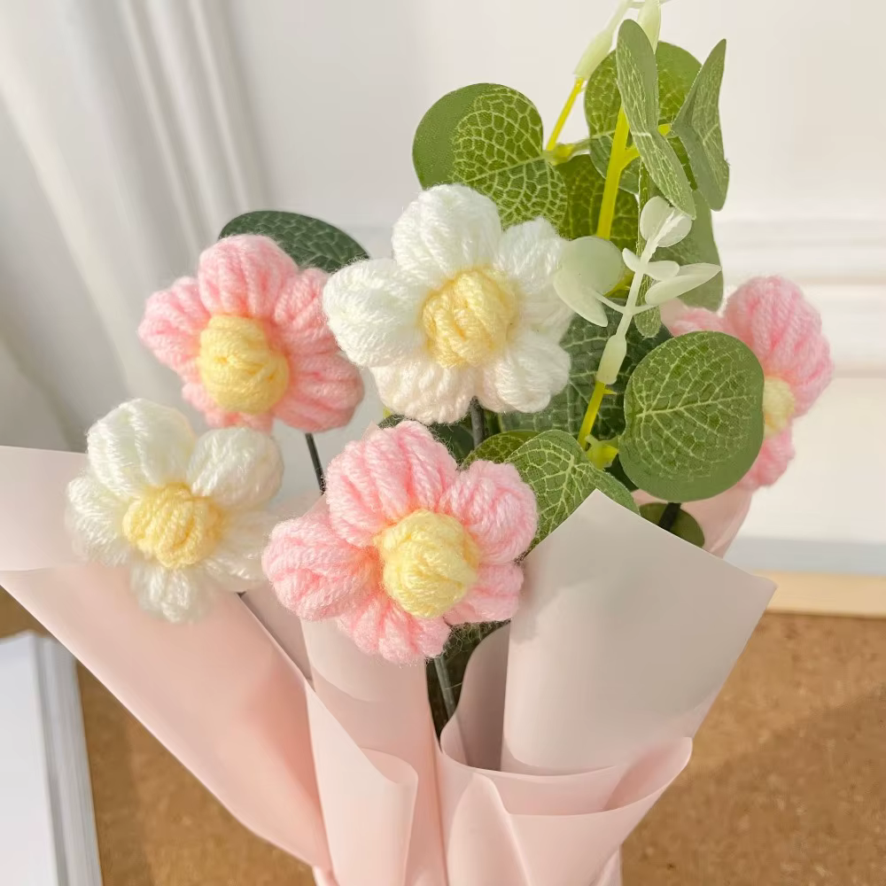 Fleurs au Crochet tricotées faites à la main avec seau