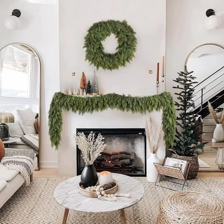 275Cm Plantes Artificielles Arbre De Noël Cyprès Feuille Guirlande Maison Décor De Fête En Plein Air Cour Pin Rotin Suspendus Orner Couronnes