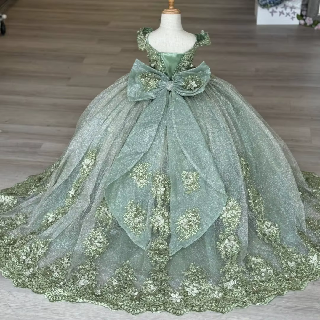 Robes de demoiselle d'honneur vertes pour mariage, avec des Appliques en dentelle, longueur au sol, robes de fête d'anniversaire pour filles, robes de première Communion personnalisées