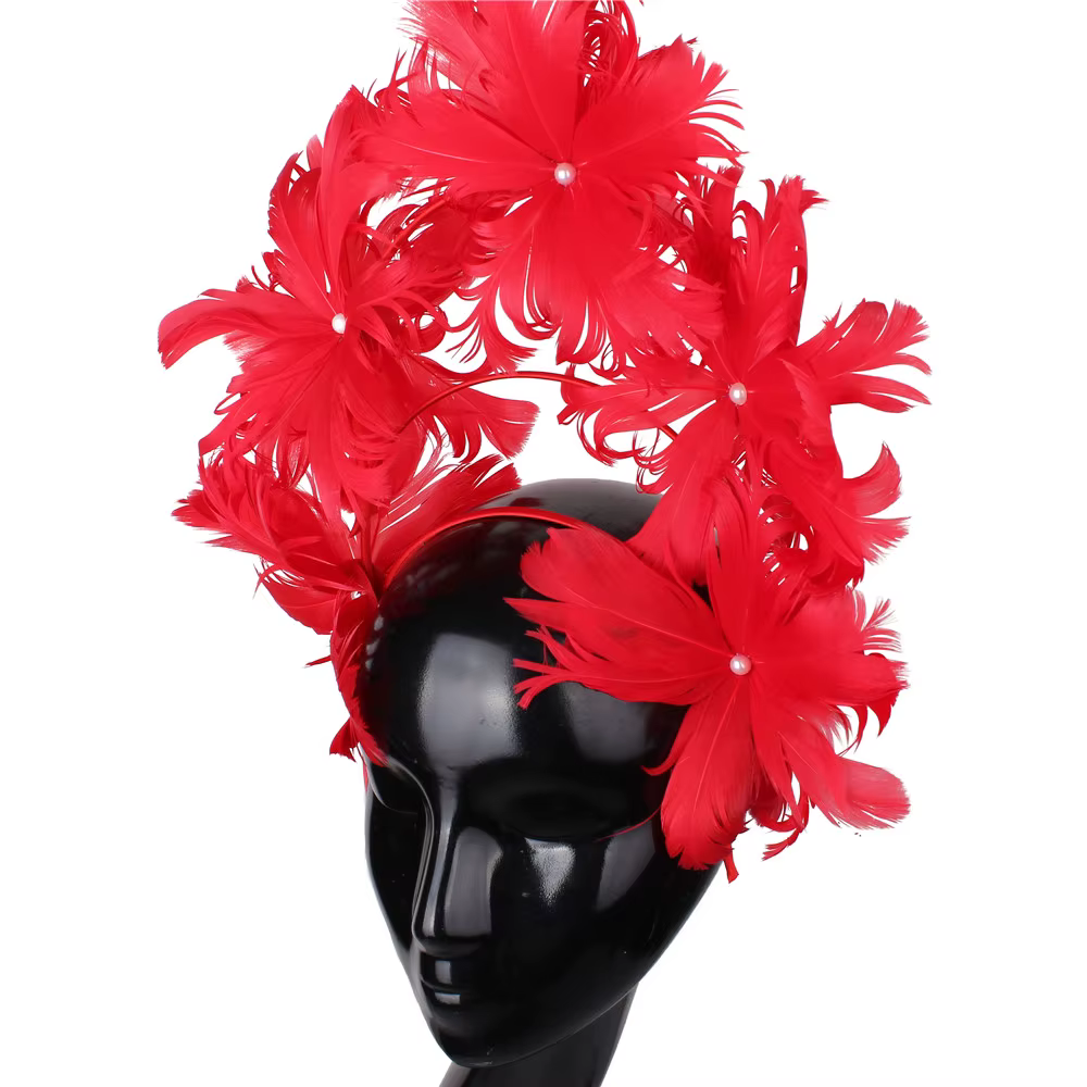 Serre-tête élégant pour femme avec plumes rouges et fleurs, accessoire de coiffure de mariage, idéal pour les mariées et les soirées, coiffe fantaisie