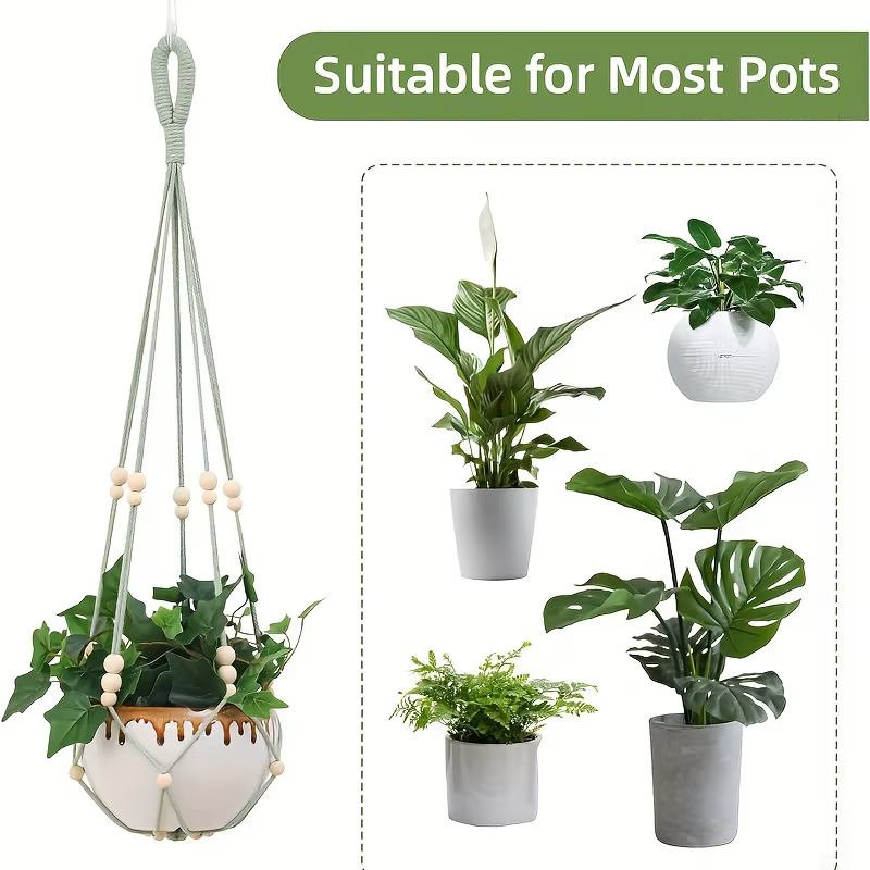 1/2pcs Porte-plantes chic avec perles en bois - Panier suspendu en tissu durable pour intérieur/extérieur pour petites plantes - Macramé décoratif