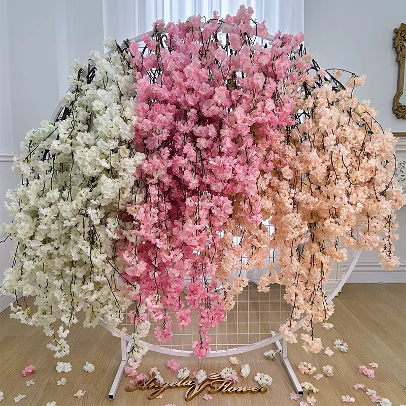 Blanc rose Champagne suspendus fleurs de cerisier branche de fleur artificielle décoration de la maison matériaux floraux de mariage A1268