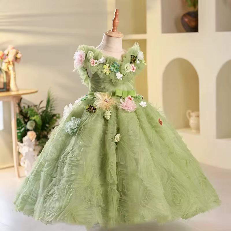 Robe de princesse à fleurs vertes pour enfants, robes d'été élégantes pour fête d'anniversaire, Costumes à fleurs pour filles, robe formelle pour enfants