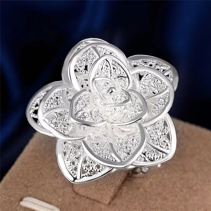 Bague en or Sterling 925 18 carats pour femmes, jolie grande fleur, à la mode, pour fête de mariage, bijoux fins, marques populaires, cadeau de vacances, tendance