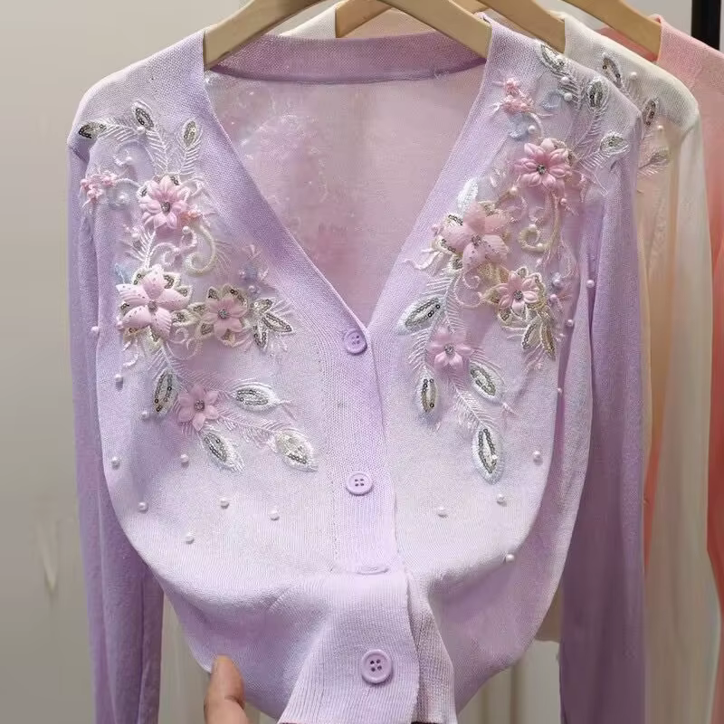 Femmes pull 2025 printemps automne Cardigans col en v perles 3d fleur broderie dame tricots hauts mode coréenne Cardigan