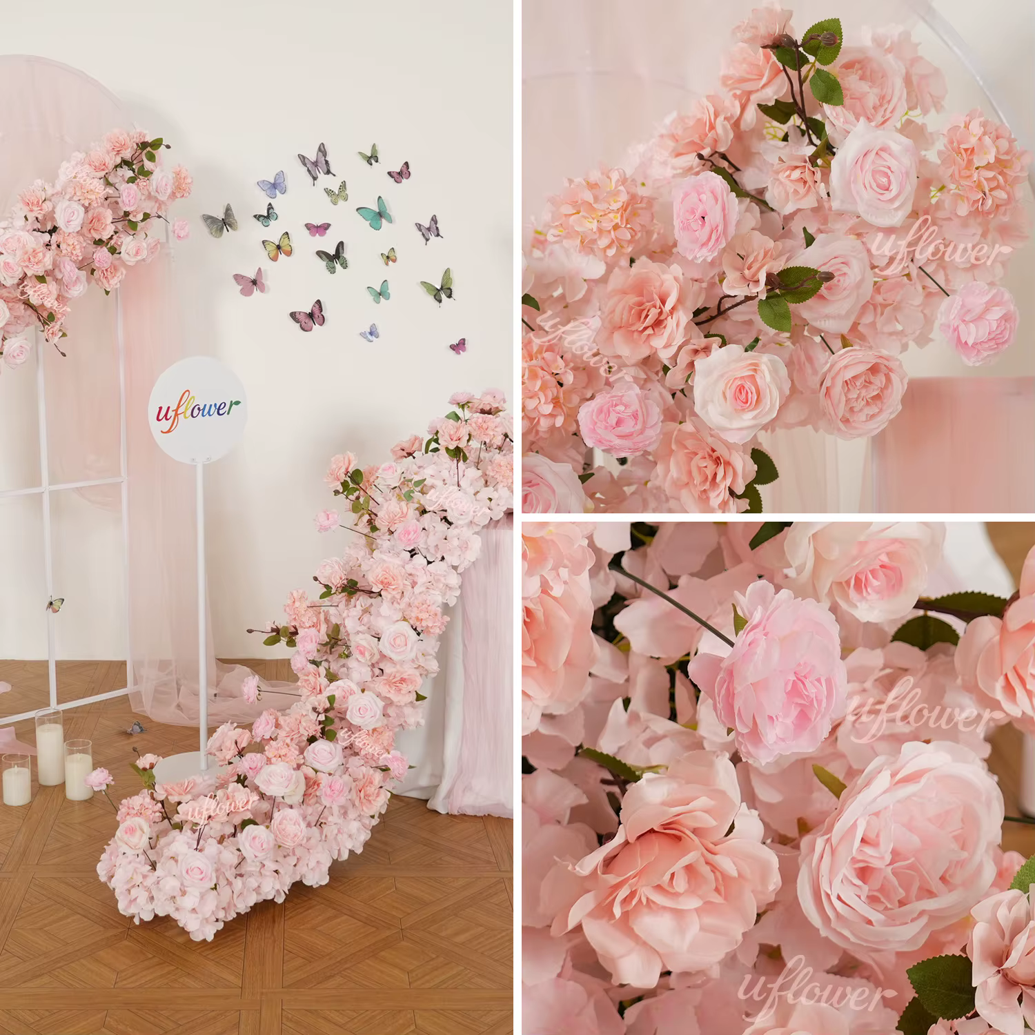2026 Uflower Rangée de fleurs artificielles roses personnalisées de luxe pour centre de table